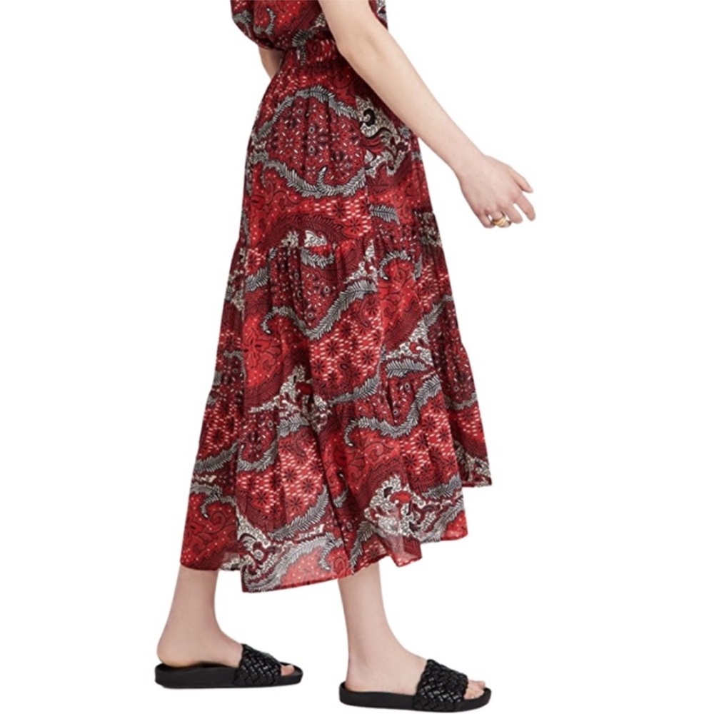 XiRENA Iris Midi Skirt Fire Red Size XS Colorful Cotton Tiered Coastal Bohemian